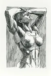 Midjourney generated image using SREF code Gritty Narratives: A black and white drawing of a nude woman.