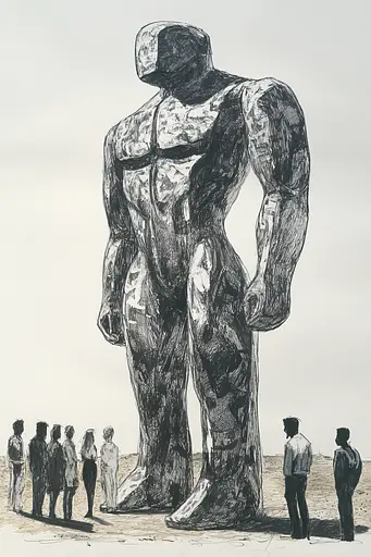 Midjourney generated image using SREF code Gritty Narratives: A drawing of a large statue in the middle of a group of people.