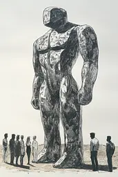 Midjourney generated image using SREF code Gritty Narratives: A drawing of a large statue in the middle of a group of people.