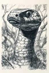 Midjourney generated image using SREF code Gritty Narratives: A black and white drawing of a snake.