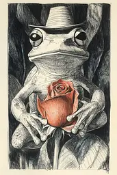 Midjourney generated image using SREF code Gritty Narratives: A drawing of a frog holding a rose in its hands.