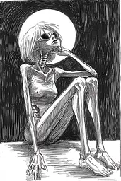 Midjourney generated image using SREF code Gritty Narratives: A black and white drawing of a skeleton sitting on the ground.