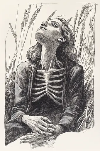 Midjourney generated image using SREF code Gritty Narratives: A black and white drawing of a woman with a skeleton on her chest.