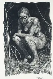 Midjourney generated image using SREF code Gritty Narratives: A black and white drawing of a woman sitting in the grass.