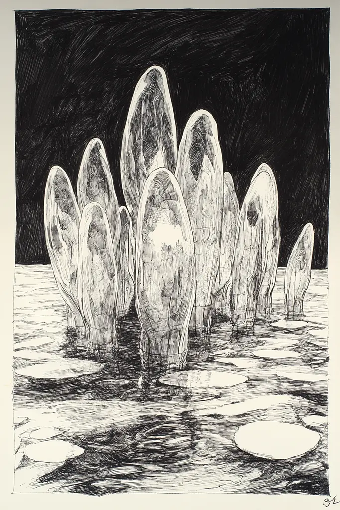 Midjourney generated image using SREF code Gritty Narratives: A black and white drawing of a group of ice sculptures.