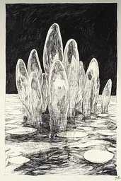 Midjourney generated image using SREF code Gritty Narratives: A black and white drawing of a group of ice sculptures.