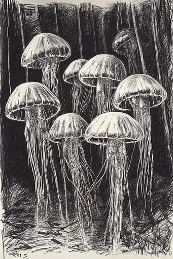 Midjourney generated image using SREF code Gritty Narratives: A black and white drawing of a group of mushrooms.