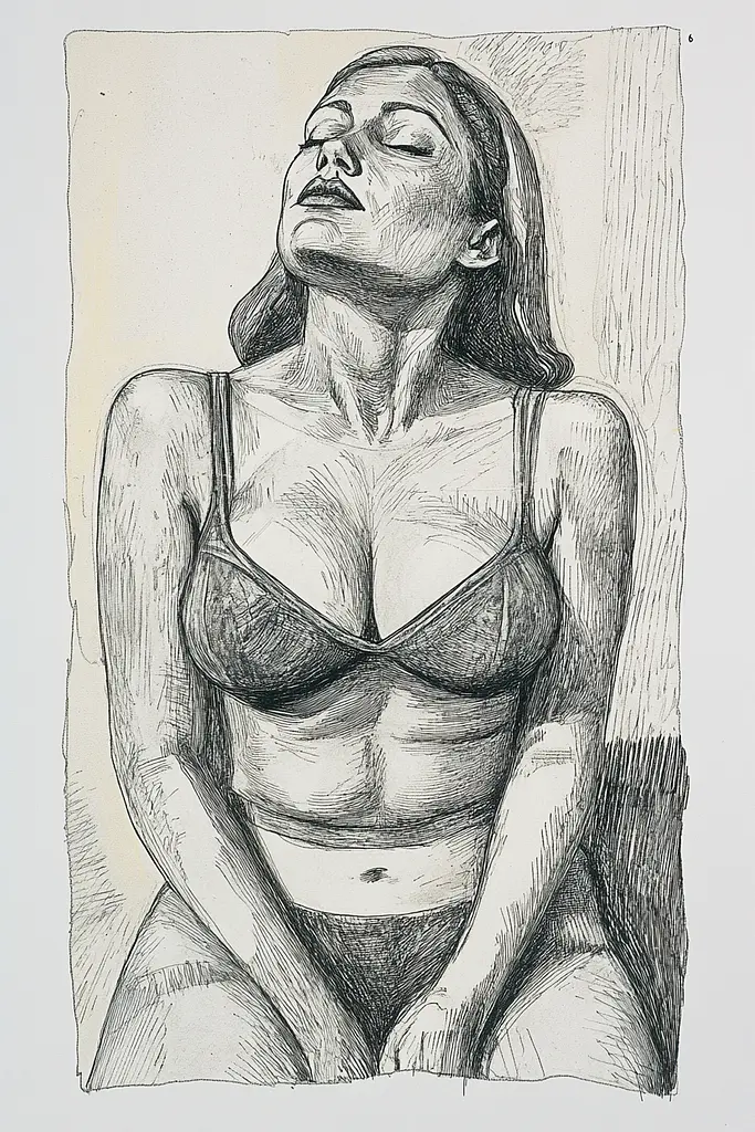 Midjourney generated image using SREF code Gritty Narratives: A drawing of a woman in a bra and panties.