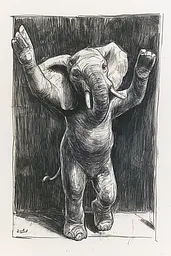 Midjourney generated image using SREF code Gritty Narratives: A black and white drawing of an elephant standing in front of a wall.