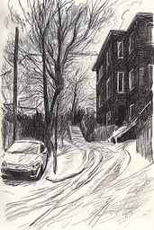 Midjourney generated image using SREF code Gritty Narratives: A drawing of a car parked on a snowy street.