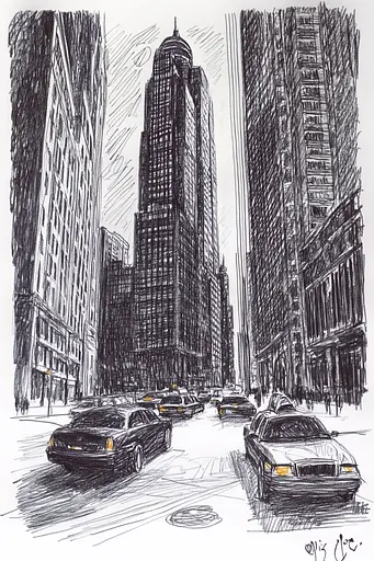 Midjourney generated image using SREF code Gritty Narratives: A drawing of a city street with cars and tall buildings.