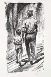 Midjourney generated image using SREF code Gritty Narratives: A drawing of a man and a child walking down a path.