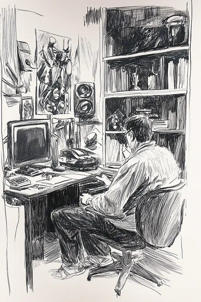 Midjourney generated image using SREF code Gritty Narratives: A drawing of a man sitting at a desk in front of a computer.