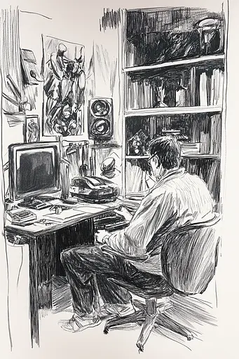 Midjourney generated image using SREF code Gritty Narratives: A drawing of a man sitting at a desk in front of a computer.