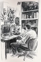 Midjourney generated image using SREF code Gritty Narratives: A drawing of a man sitting at a desk in front of a computer.