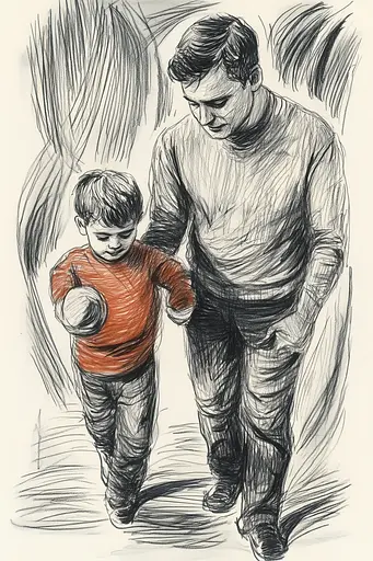 Midjourney generated image using SREF code Gritty Narratives: A drawing of a man and a child walking together.