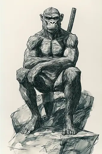 Midjourney generated image using SREF code Gritty Narratives: A drawing of a monkey sitting on top of a rock.