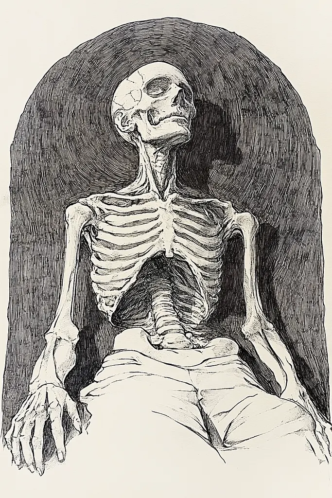 Midjourney generated image using SREF code Gritty Narratives: A drawing of a skeleton sitting in a chair.