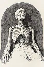 Midjourney generated image using SREF code Gritty Narratives: A drawing of a skeleton sitting in a chair.