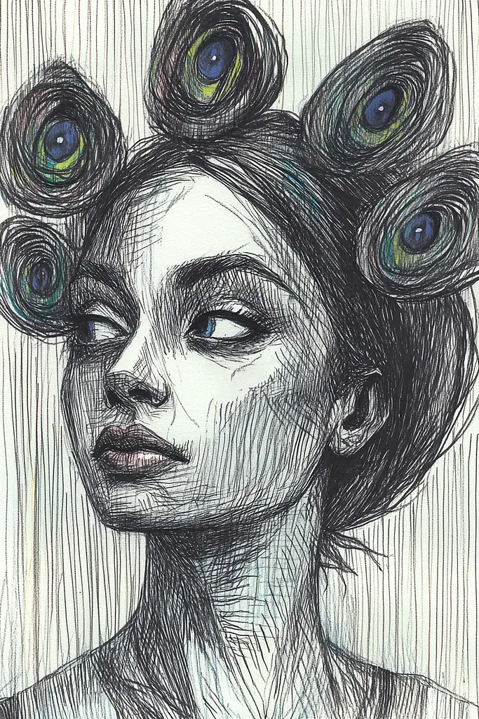 Midjourney generated image using SREF code Gritty Narratives: A drawing of a woman with peacock feathers on her head.