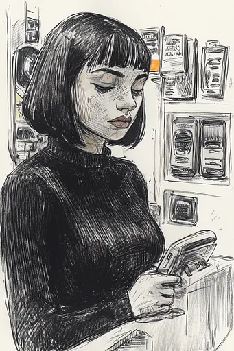 Midjourney generated image using SREF code Gritty Narratives: A drawing of a woman using a cell phone.