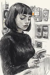 Midjourney generated image using SREF code Gritty Narratives: A drawing of a woman using a cell phone.