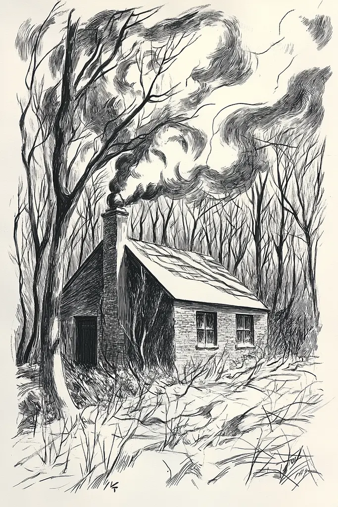 Midjourney generated image using SREF code Gritty Narratives: A black and white drawing of a house in the woods.