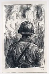 Midjourney generated image using SREF code Gritty Narratives: A black and white drawing of a soldier in a field.