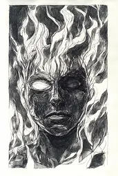 Midjourney generated image using SREF code Gritty Narratives: A black and white drawing of a woman's face with flames.