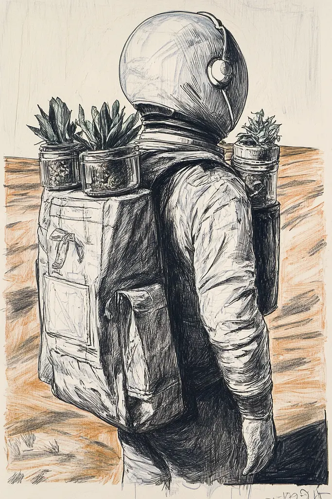 Midjourney generated image using SREF code Gritty Narratives: A drawing of an astronaut carrying a backpack with plants on it.