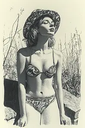 Midjourney generated image using SREF code Gritty Narratives: A drawing of a woman in a bikini and hat.