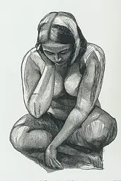 Midjourney generated image using SREF code Gritty Narratives: A drawing of a woman sitting on the ground.