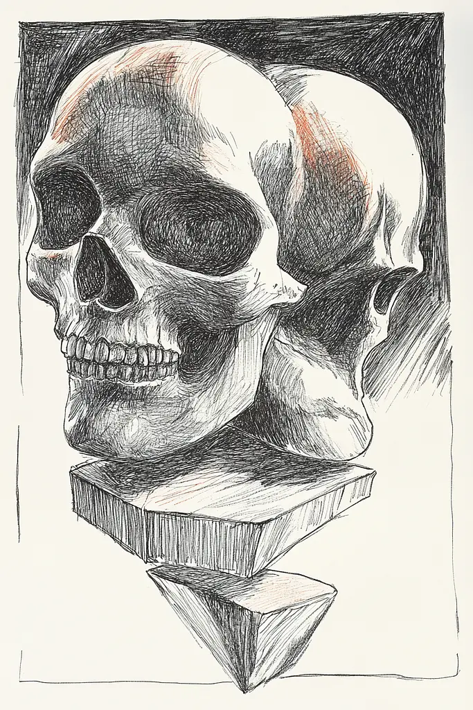 Midjourney generated image using SREF code Gritty Narratives: A drawing of a human skull on a pedestal.