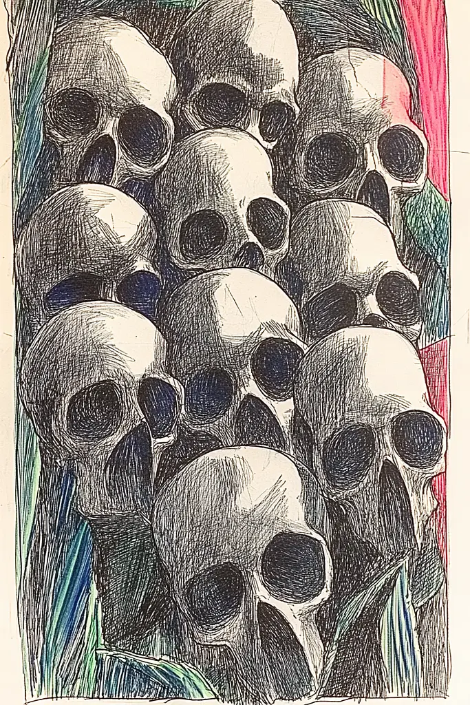 Midjourney generated image using SREF code Gritty Narratives: A drawing of a group of skulls in a box.