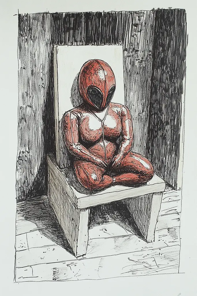 Midjourney generated image using SREF code Gritty Narratives: A drawing of a deadpool sitting on a chair.