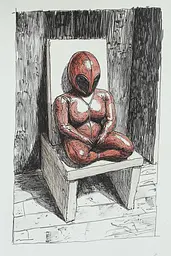 Midjourney generated image using SREF code Gritty Narratives: A drawing of a deadpool sitting on a chair.