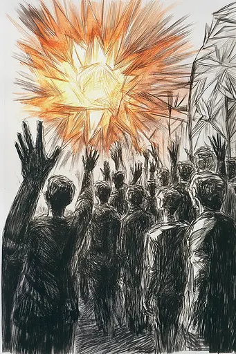 Midjourney generated image using SREF code Gritty Narratives: A drawing of a crowd of people raising their hands in the air.