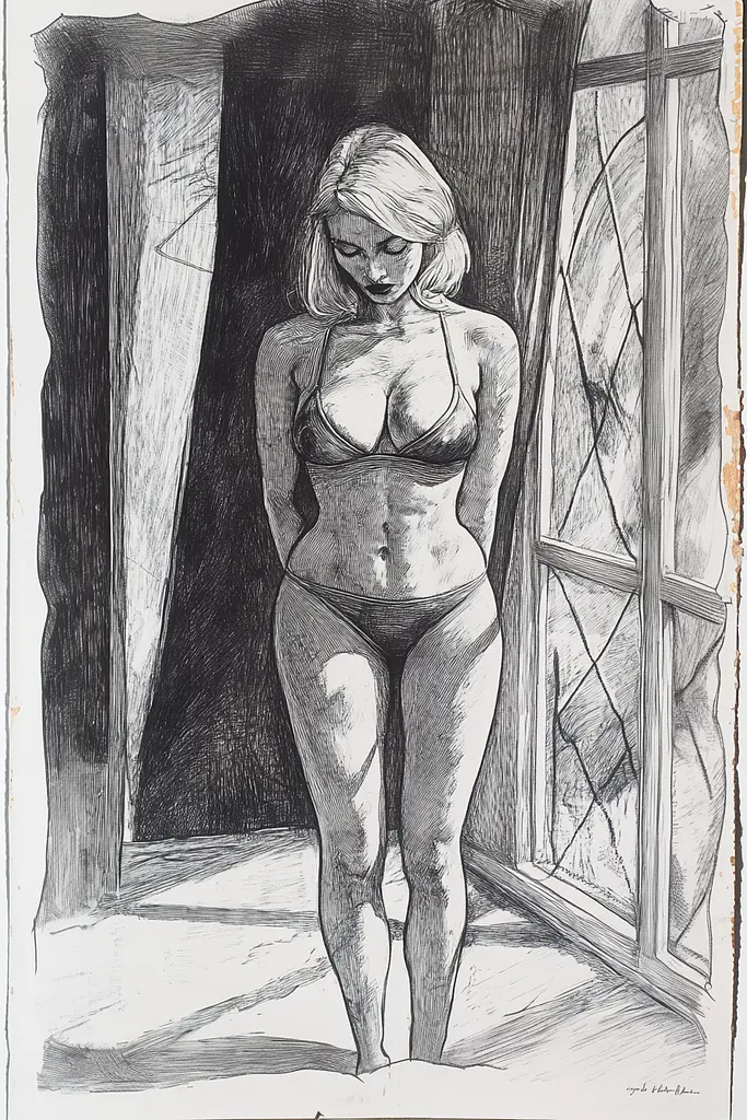 Midjourney generated image using SREF code Gritty Narratives: A drawing of a woman standing in front of a window.