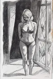 Midjourney generated image using SREF code Gritty Narratives: A drawing of a woman standing in front of a window.