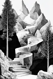 Midjourney generated image using SREF code Fragments of Dream: A black and white drawing of a stairway leading up to a mountain.