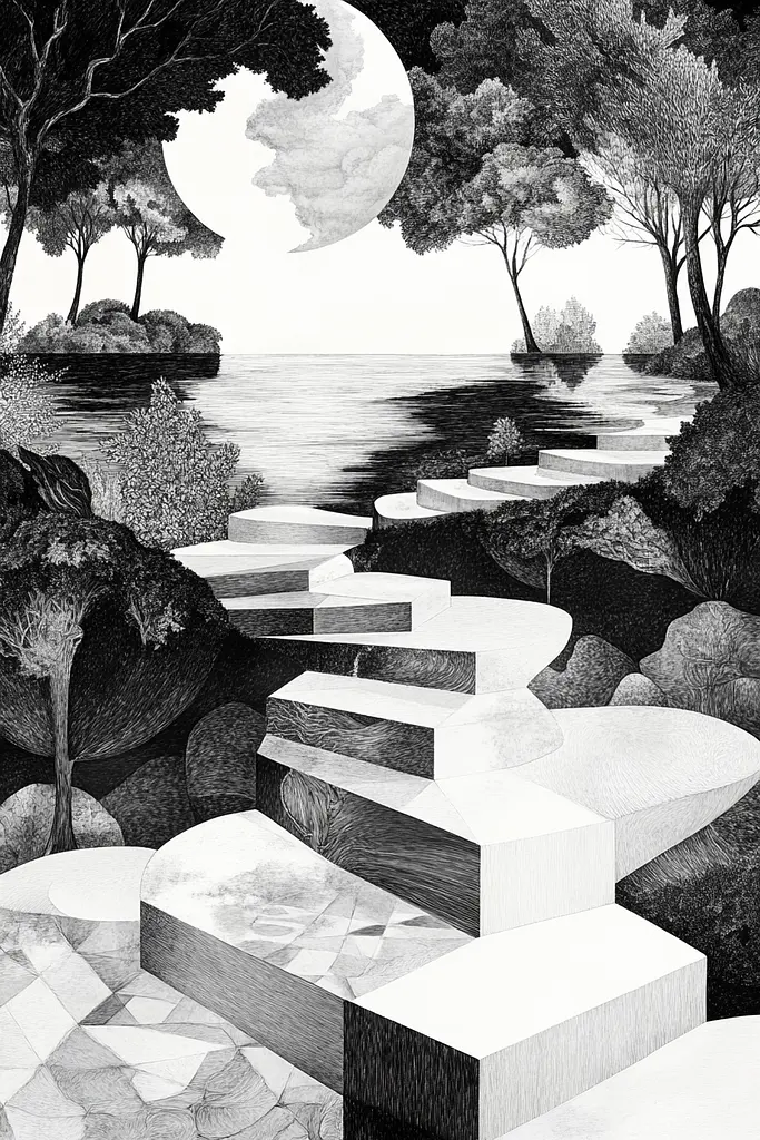 Midjourney generated image using SREF code Fragments of Dream: A black and white drawing of steps leading to a lake.