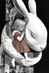 Midjourney generated image using SREF code Fragments of Dream: A little girl sitting on top of a white rabbit.