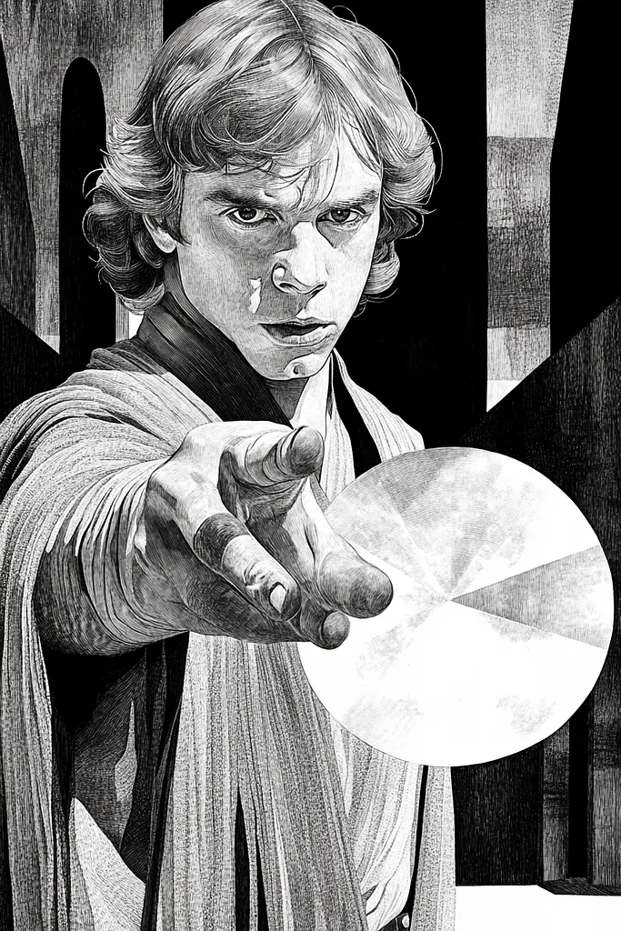 Midjourney generated image using SREF code Fragments of Dream: A black and white drawing of Luke Skywalker holding a disc.