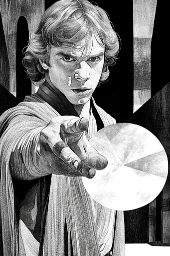 Midjourney generated image using SREF code Fragments of Dream: A black and white drawing of Luke Skywalker holding a disc.