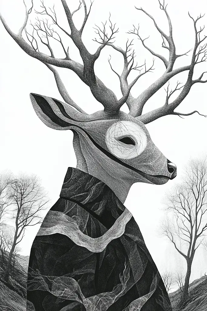 Midjourney generated image using SREF code Fragments of Dream: A black and white drawing of a deer with a tree in its mouth.