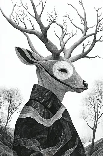 Midjourney generated image using SREF code Fragments of Dream: A black and white drawing of a deer with a tree in its mouth.