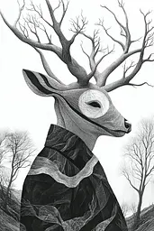 Midjourney generated image using SREF code Fragments of Dream: A black and white drawing of a deer with a tree in its mouth.