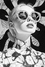 Midjourney generated image using SREF code Fragments of Dream: A black and white drawing of a woman wearing sunglasses.