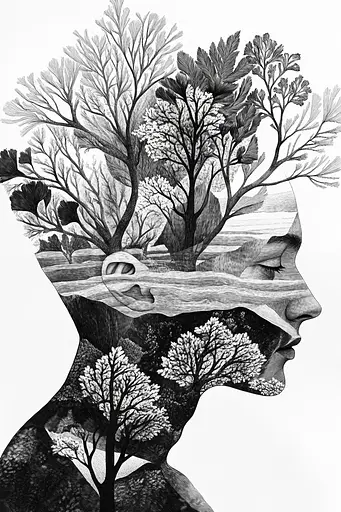 Midjourney generated image using SREF code Fragments of Dream: A black and white drawing of a woman's head with trees growing out of it.