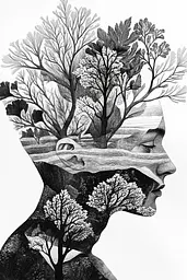 Midjourney generated image using SREF code Fragments of Dream: A black and white drawing of a woman's head with trees growing out of it.